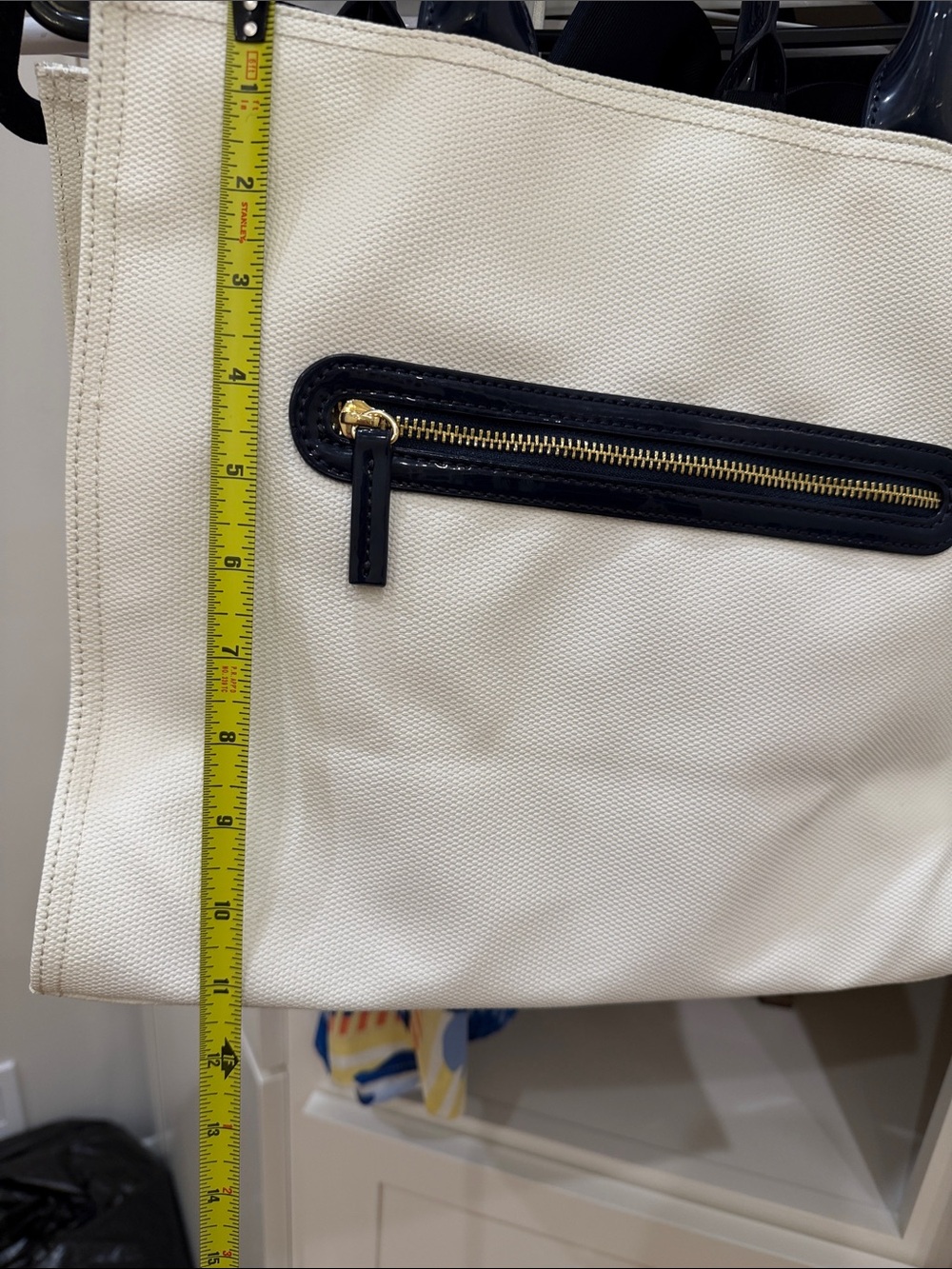 My Flat in London Navy and White Geometric Bow Tote with Jeweled Center - Picture 7 of 10